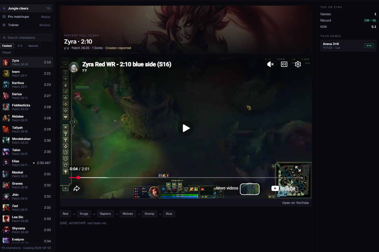 MicroLab Study tab listing fastest full jungle clears per champion, with Zyra's 2:10 clear playing